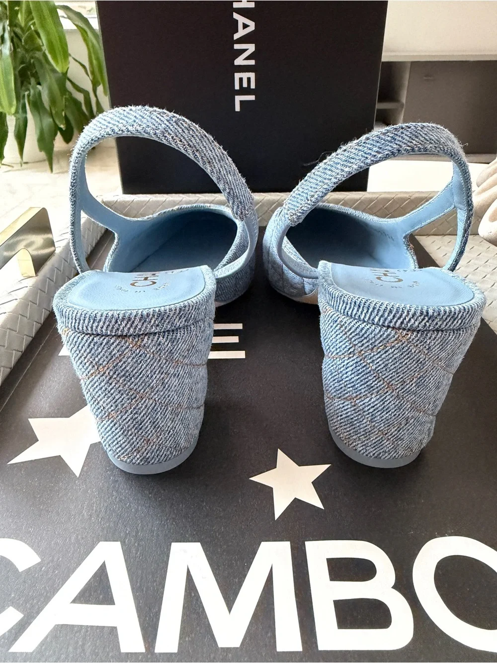 Chanel 26B CC Logo Light Blue Quilted Denim Jean Slingback Pumps Chunky Heel 38